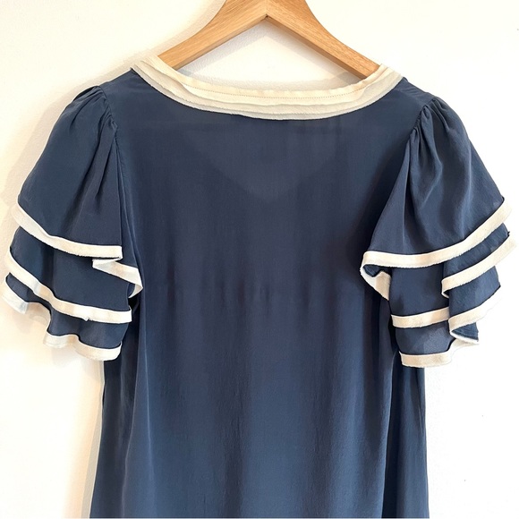 100% silk flutter sleeve v-neck blouse blue and cream - Picture 8 of 8